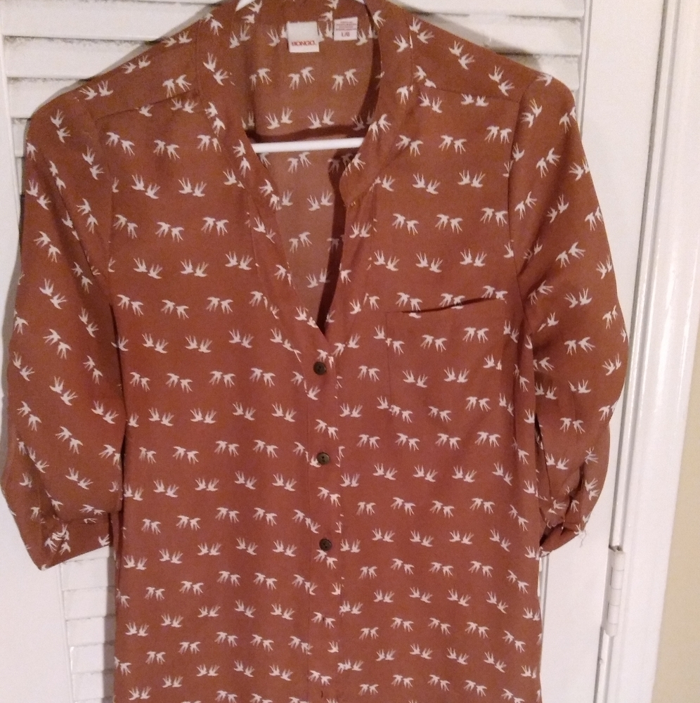 Print Tunic. Cute Roll sleeve Dark tan